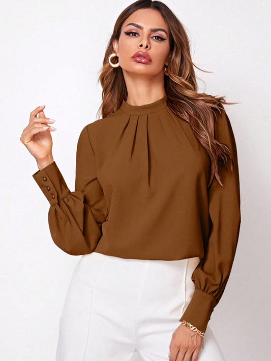Ruched Mock Neck Long Sleeve Blouse - Body By J'ne