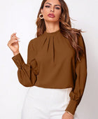 Ruched Mock Neck Long Sleeve Blouse