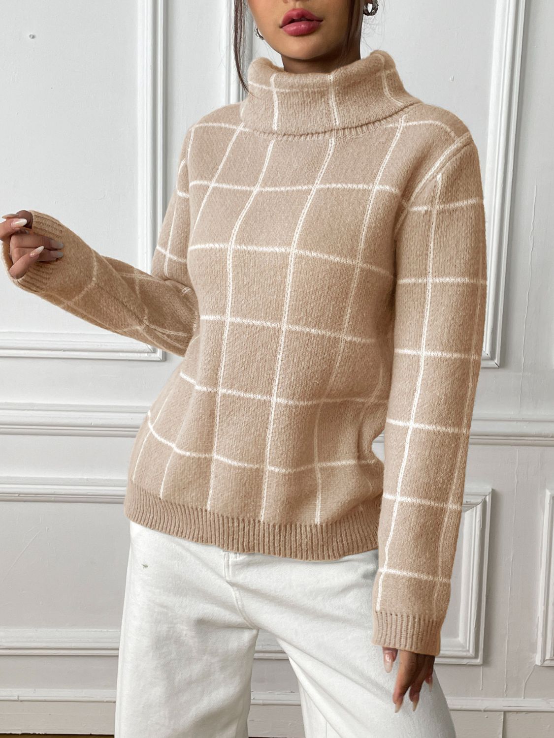 Plaid Turtleneck Long Sleeve Sweater - Body By J'ne
