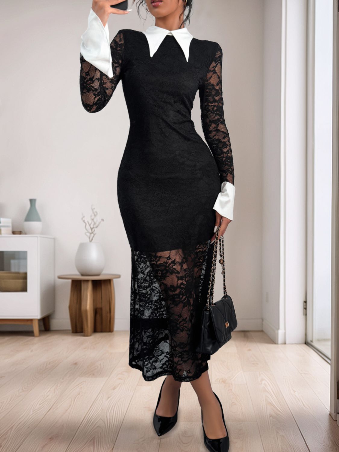 Lace Contrast Collared Neck Long Sleeve Midi Dress - Body By J'ne
