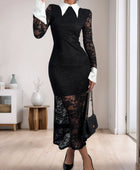 Lace Contrast Collared Neck Long Sleeve Midi Dress