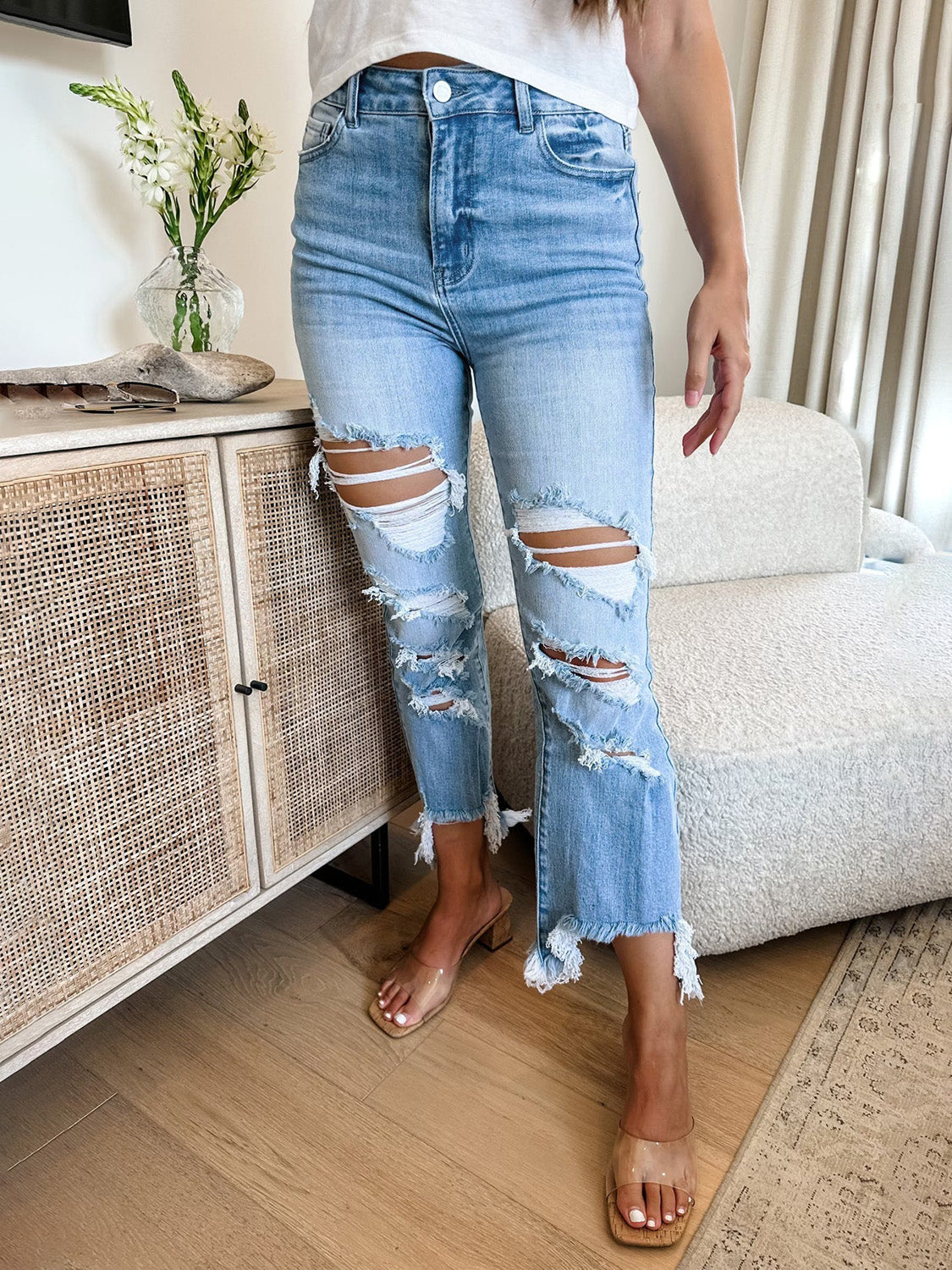 Distressed Raw Hem Jeans with Pockets - Body By J'ne