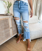 Distressed Raw Hem Jeans with Pockets