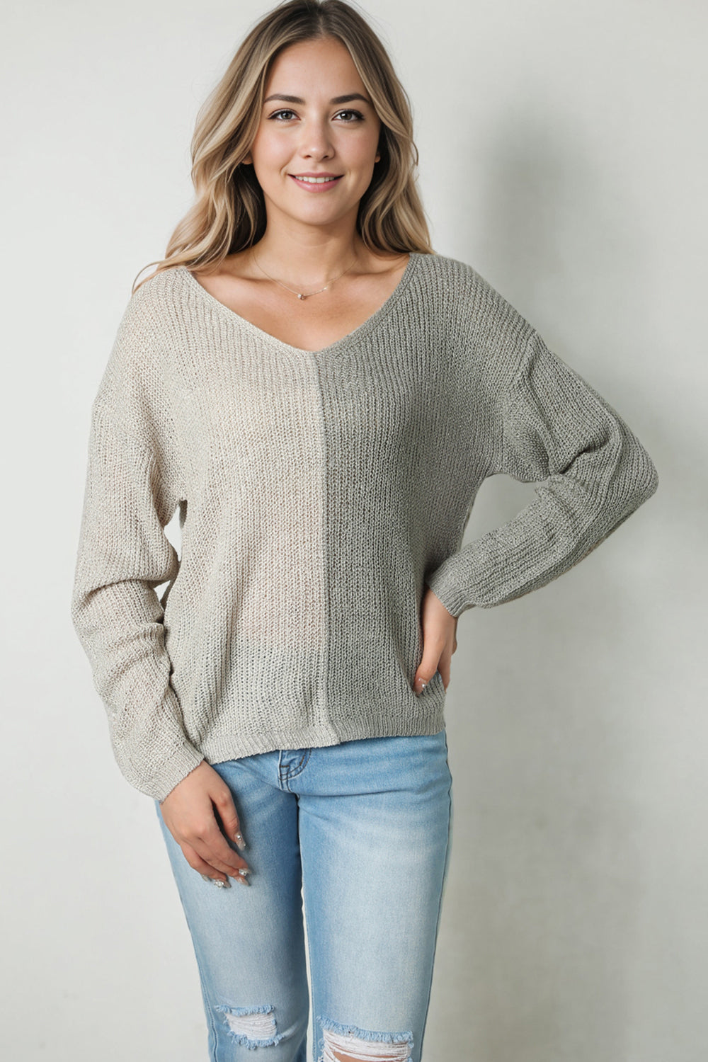 Contrast Color V-Neck Long Sleeve Pullover Sweater - Body By J'ne