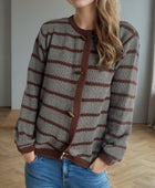 Striped Round Neck Long Sleeve Cardigan