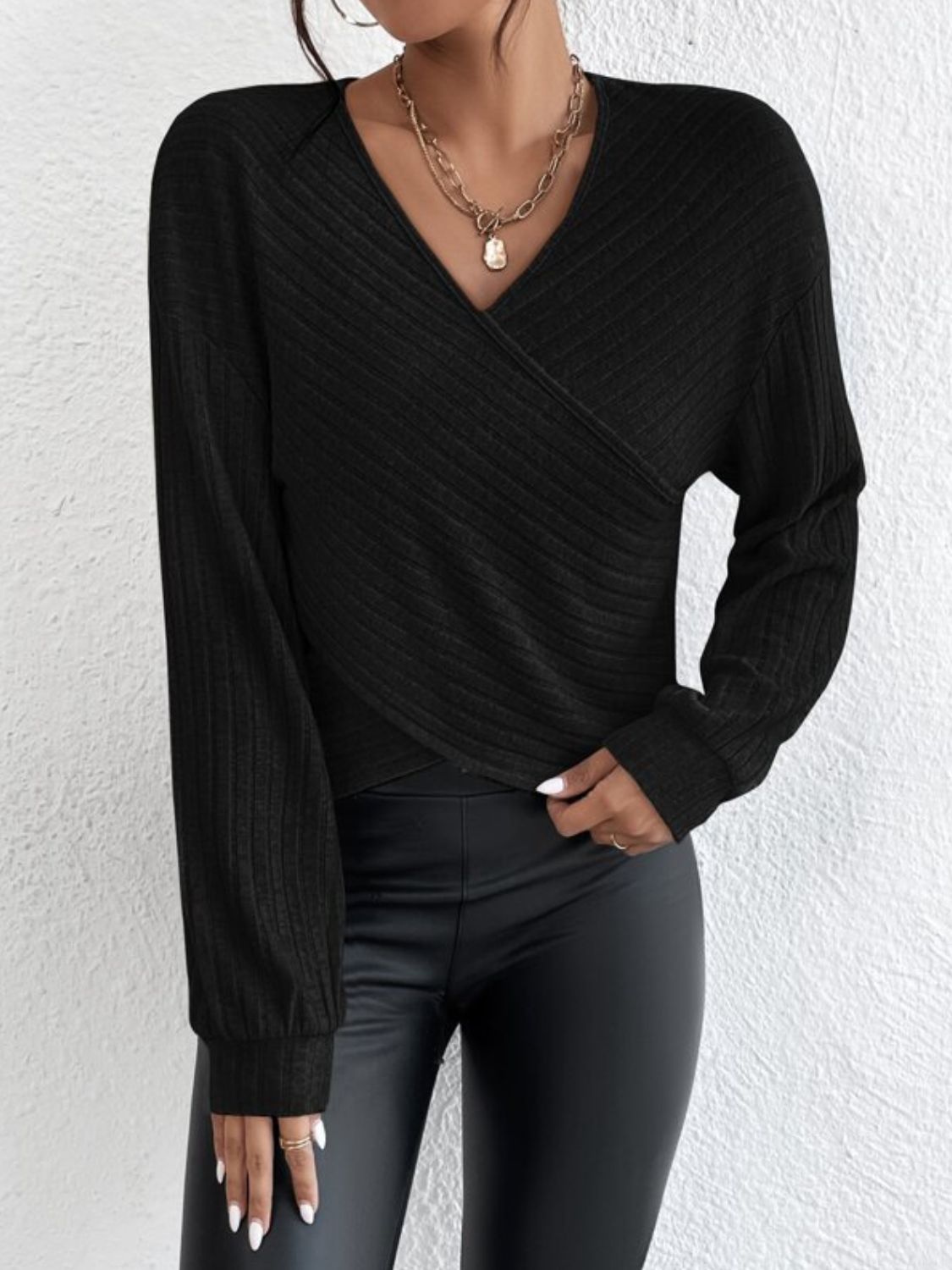 Surplice Dropped Shoulder Long Sleeve T-Shirt - Body By J'ne