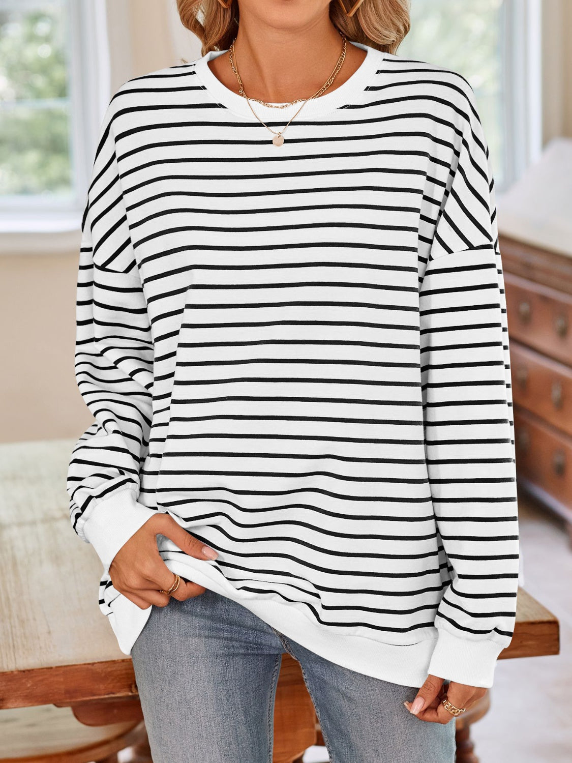 Lovelet Striped Round Neck Long Sleeve Sweatshirt - Body By J'ne