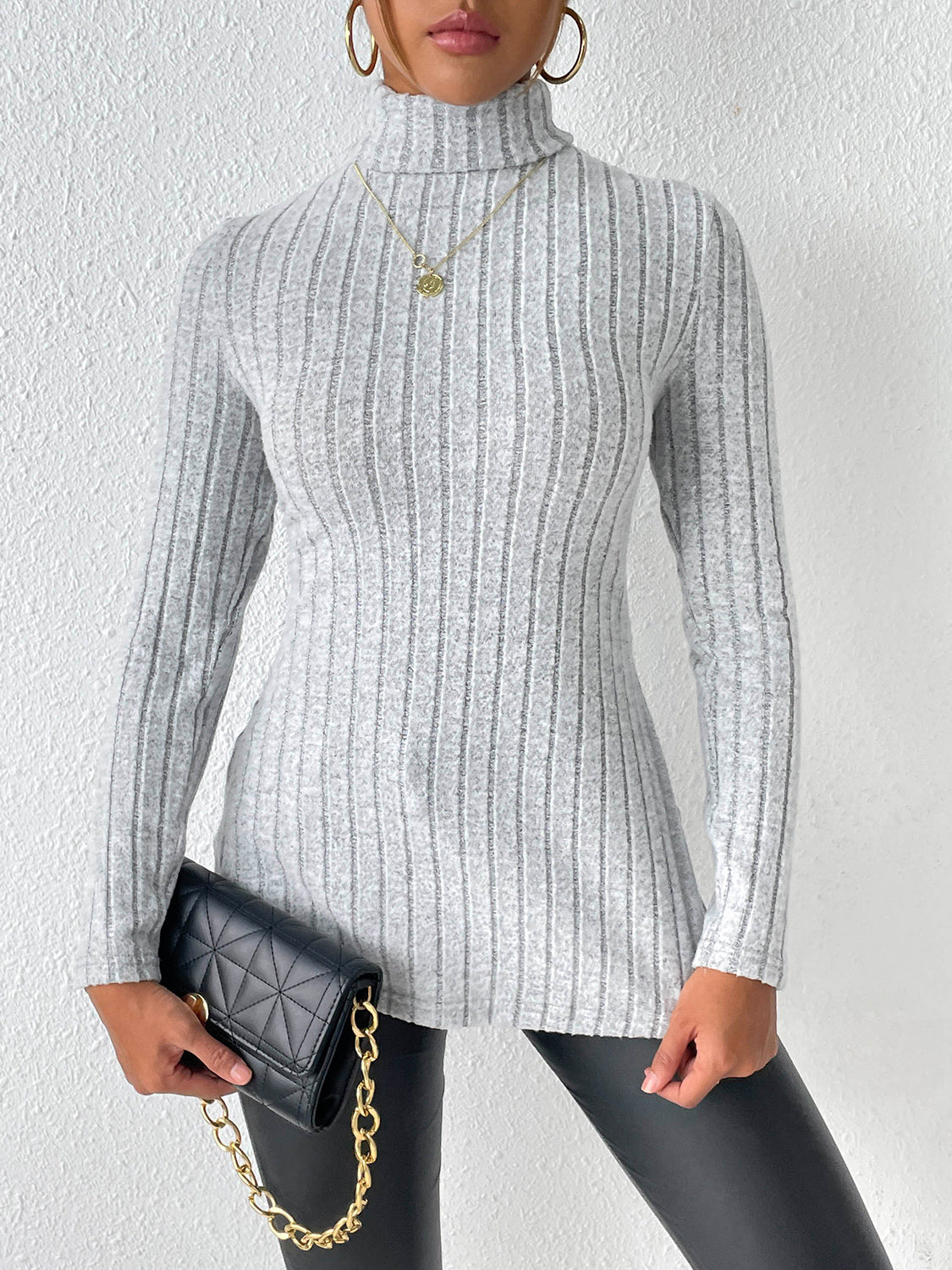 Ribbed Turtleneck Long Sleeve Slit T-Shirt - Body By J'ne