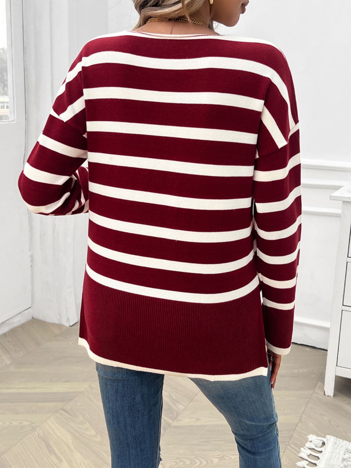 Striped V-Neck Long Sleeve Knit Top - Body By J'ne
