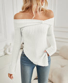 Ribbed Asymmetrical Hem Off-Shoulder Long Sleeve T-Shirt