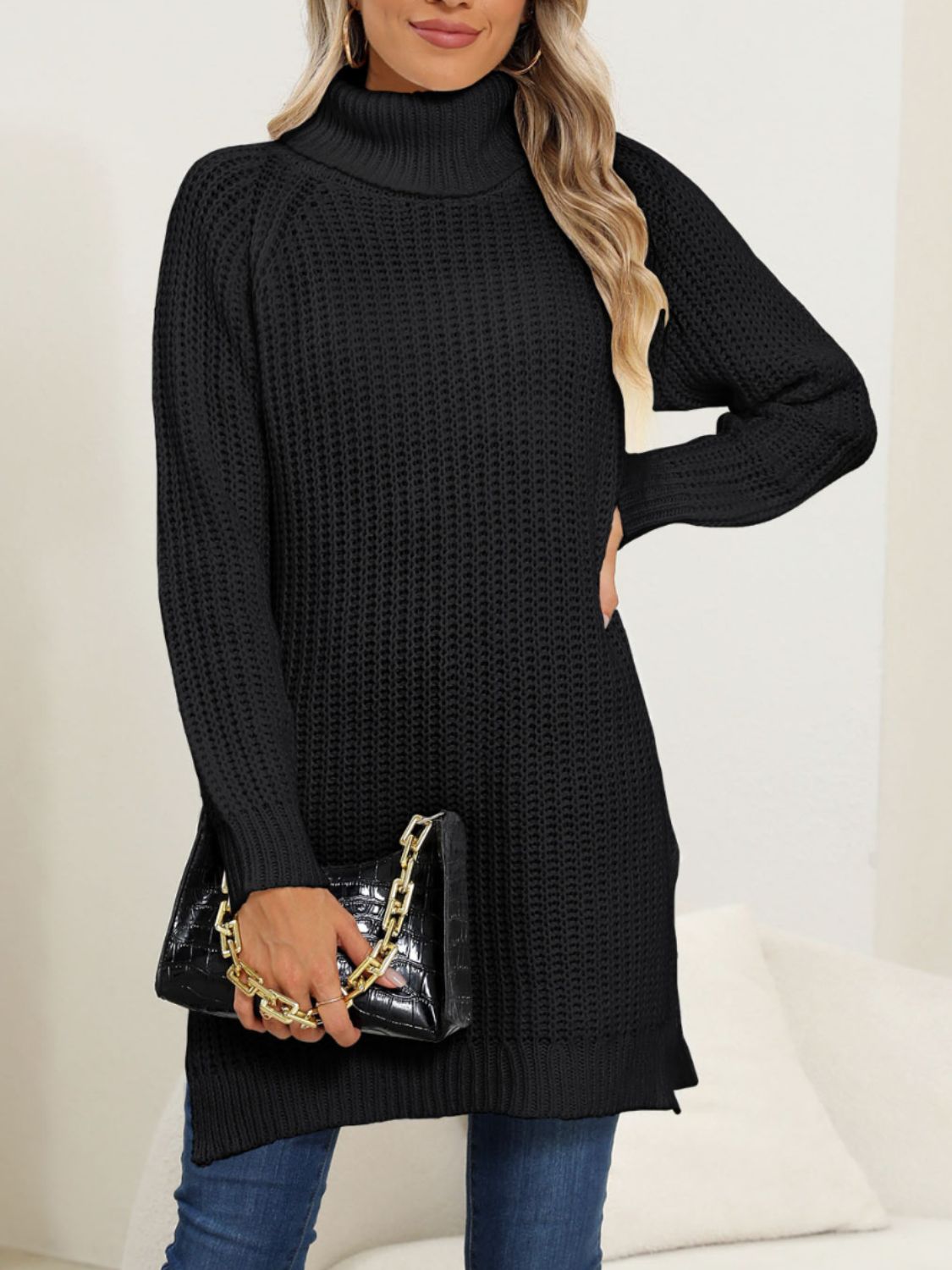 Slit Turtleneck Long Sleeve Sweater - Body By J'ne
