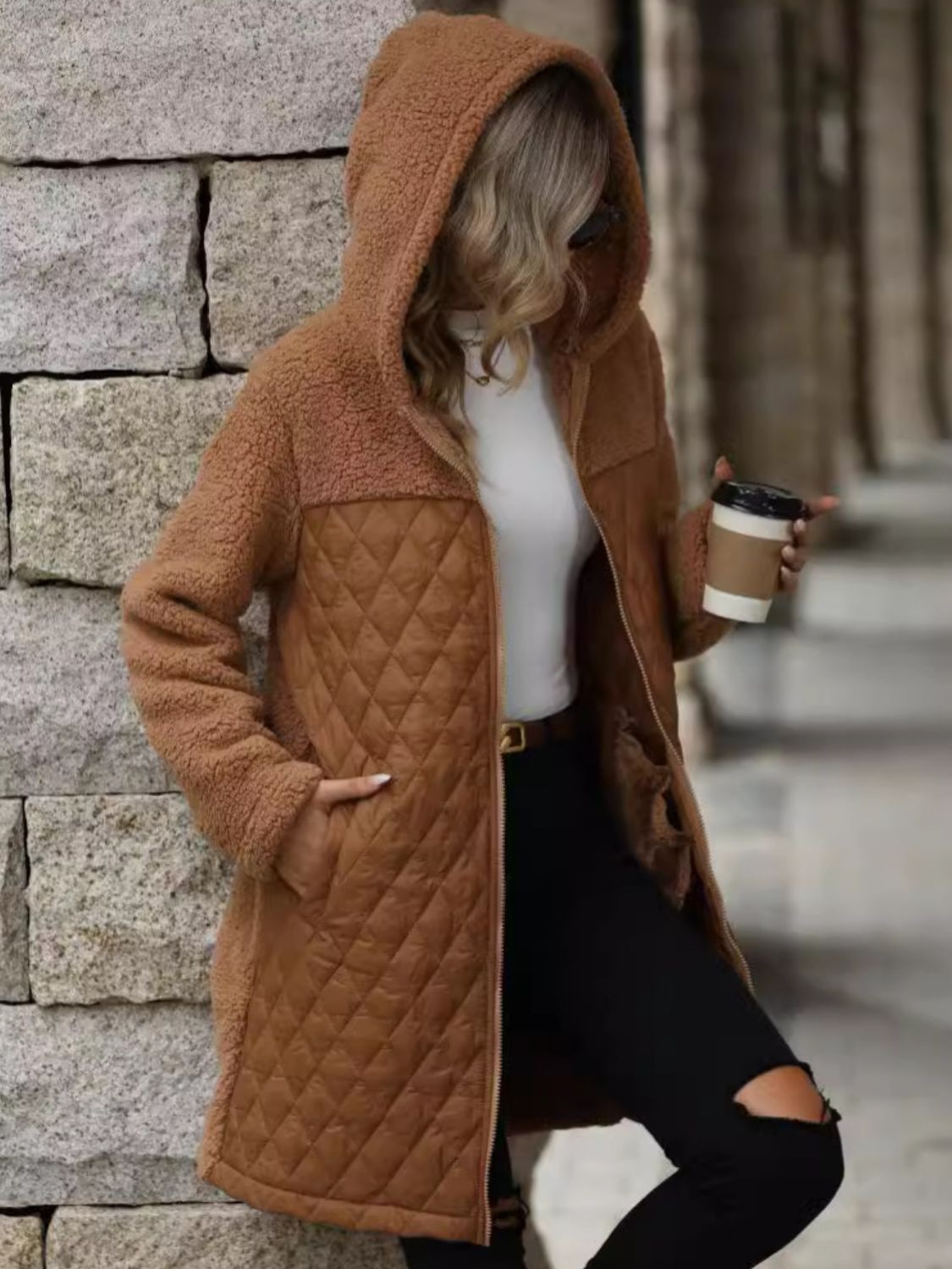 Texture Zip Up Long Sleeve Hooded Coat - Body By J'ne