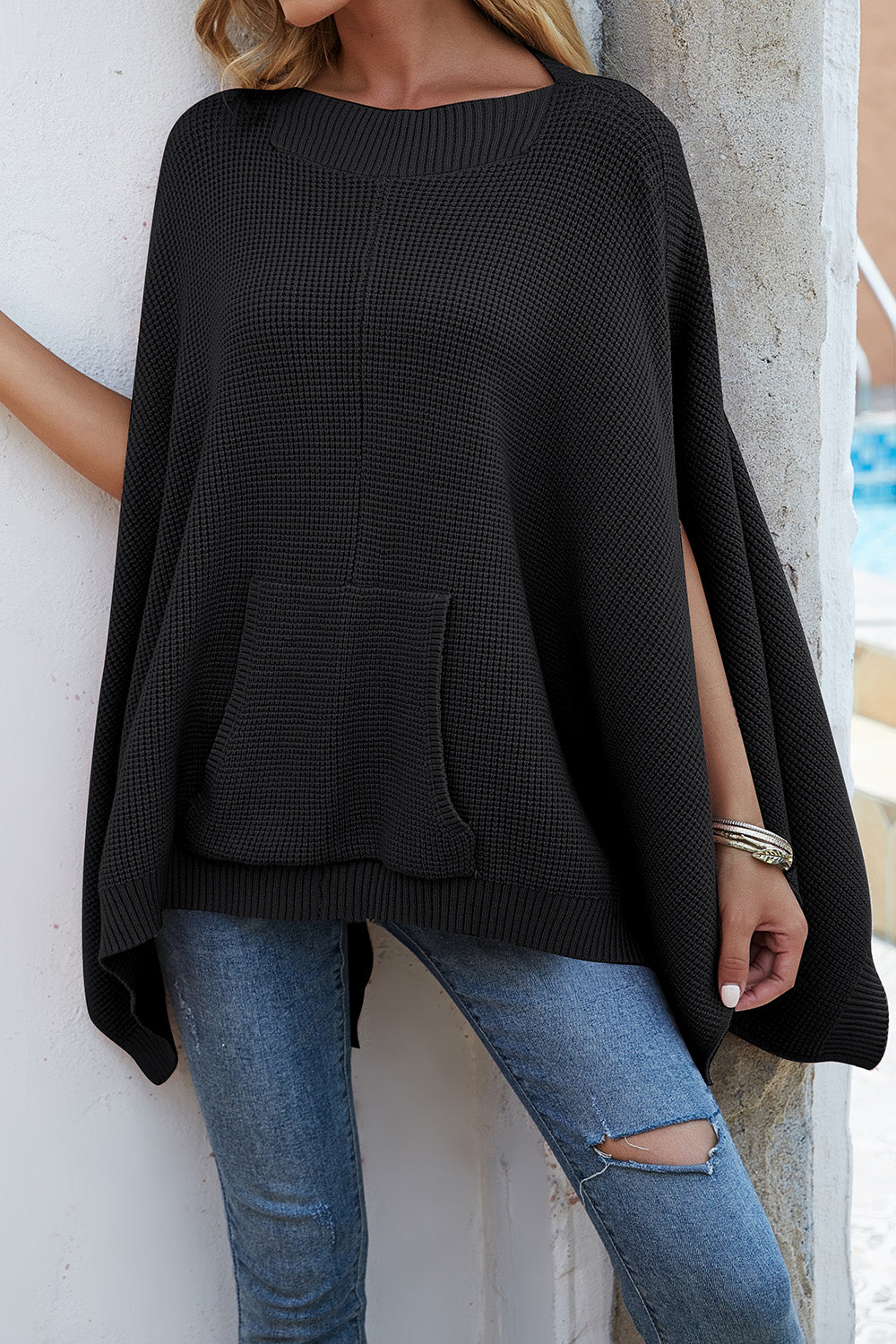 Waffle-Knit Pocketed Cape Sleeve Sweater - Body By J'ne