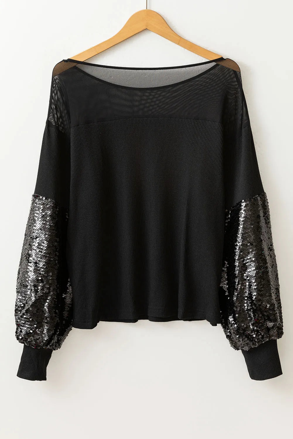 Sequin Boat Neck Long Sleeve Blouse