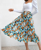 Printed Elastic Waist Midi Skirt