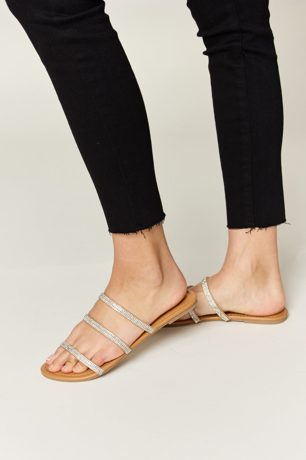 Rhinestone Three-Strap Flat Sandals - Body By J'ne