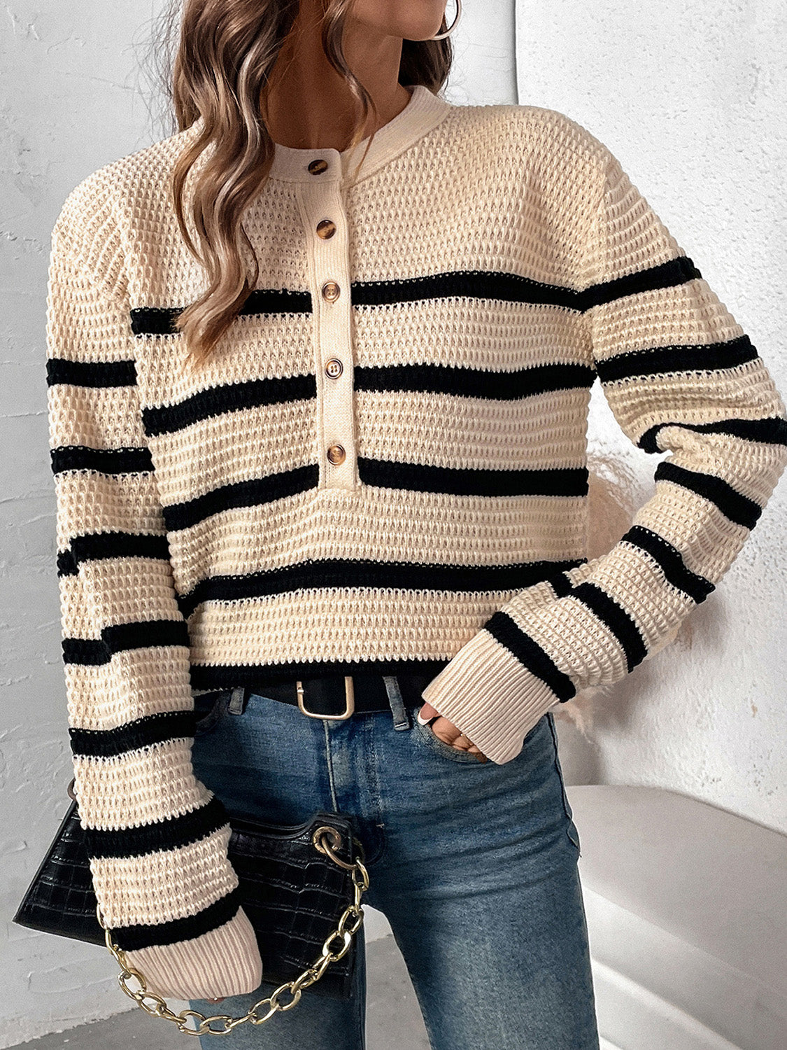 Perfee Striped Half Button Long Sleeve Sweater - Body By J'ne