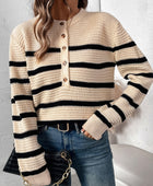 Perfee Striped Half Button Long Sleeve Sweater