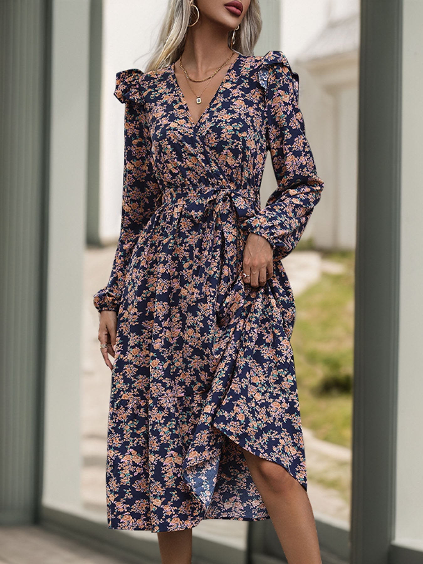 Perfee Printed Surplice Long Sleeve Midi Dress - Body By J'ne