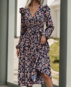 Perfee Printed Surplice Long Sleeve Midi Dress