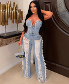 Tassel Hole Rhinestone Washing Water Denim Jumpsuit - Body By J'ne