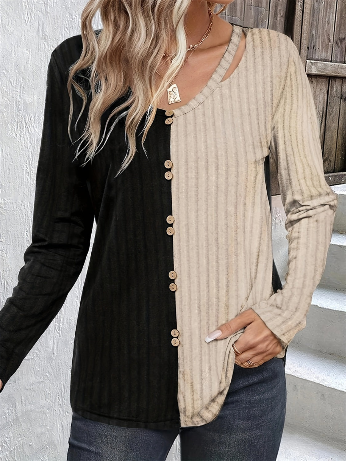 Decorative Button Contrast Round Neck Long Sleeve T-Shirt - Body By J'ne
