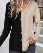 Decorative Button Contrast Round Neck Long Sleeve T-Shirt