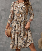 Printed Round Neck Three-Quarter Sleeve Dress