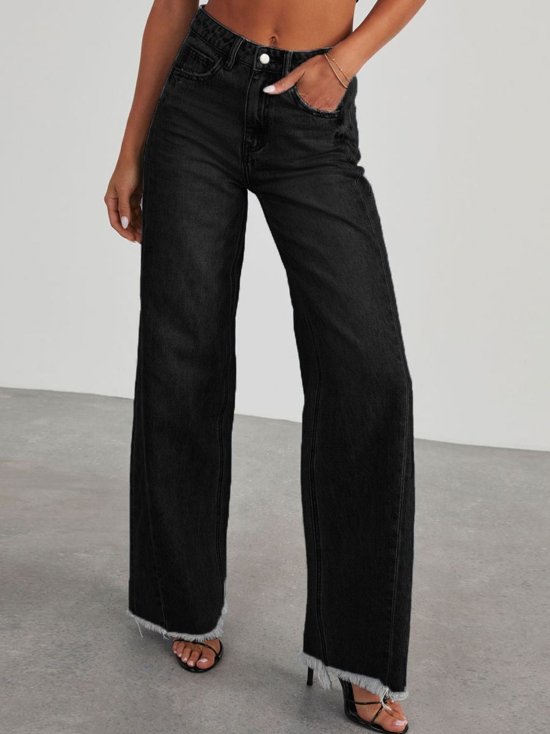 Raw Hem Wide Leg Jeans with Pockets - Body By J'ne