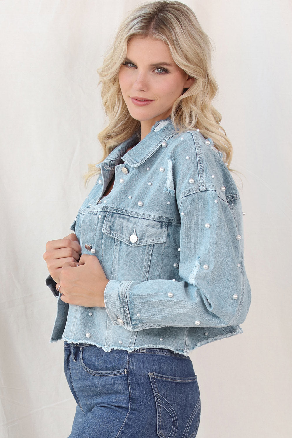 Distressed Pearl Trim Button Up Denim Jacket - Body By J'ne