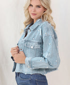 Distressed Pearl Trim Button Up Denim Jacket