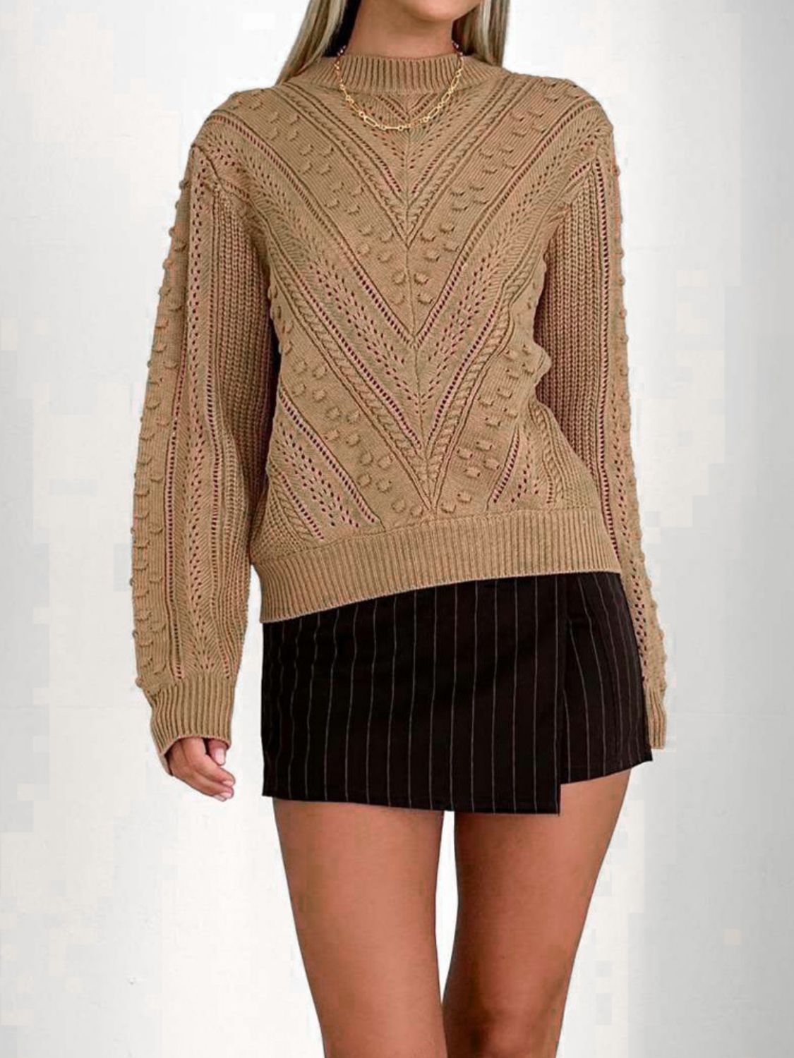 Perfee Openwork Round Neck Long Sleeve Sweater - Body By J'ne