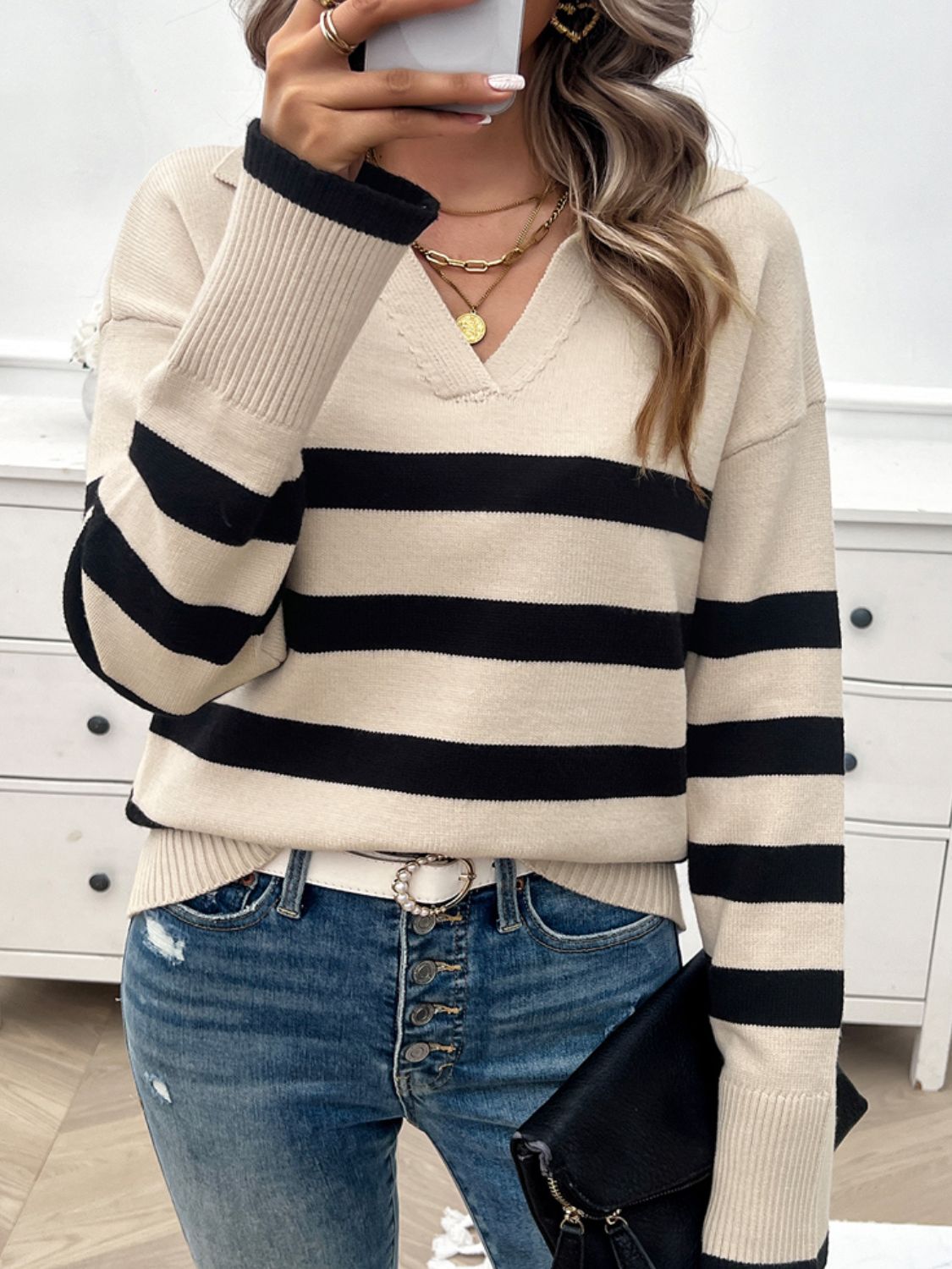 Striped Collared Neck Long Sleeve Sweater - Body By J'ne