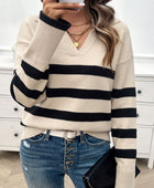 Striped Collared Neck Long Sleeve Sweater