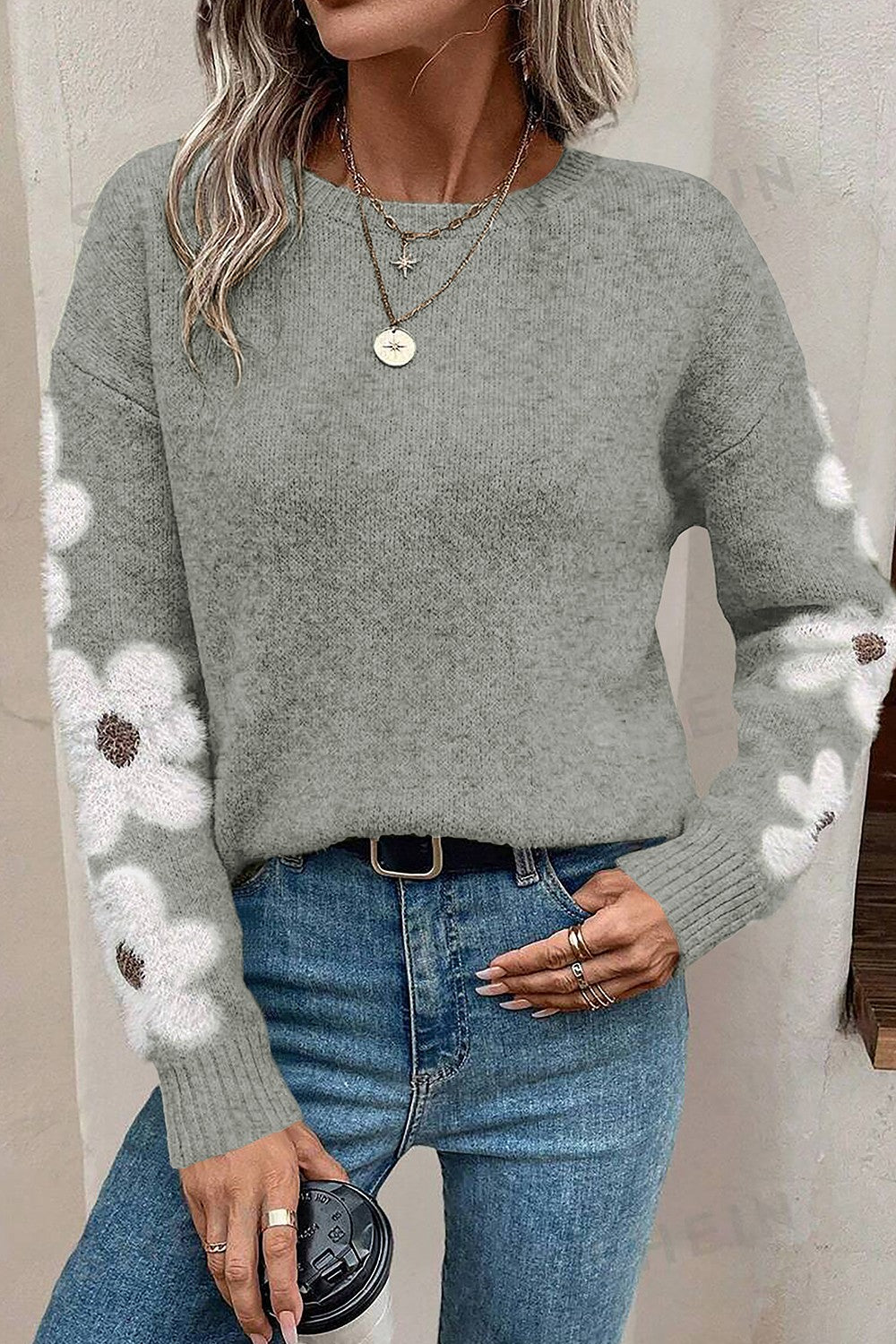 Flower Round Neck Long Sleeve Sweater - Body By J'ne