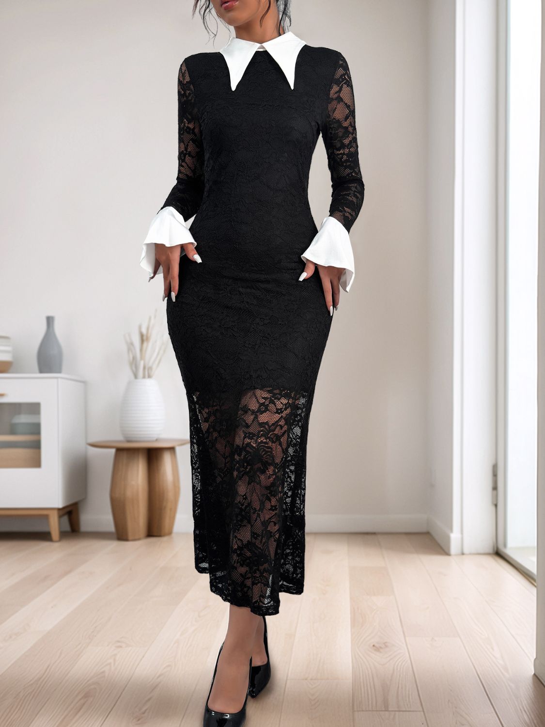 Lace Contrast Collared Neck Long Sleeve Midi Dress - Body By J'ne