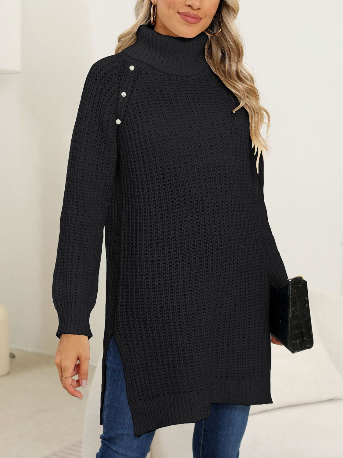 Slit Turtleneck Long Sleeve Sweater - Body By J'ne