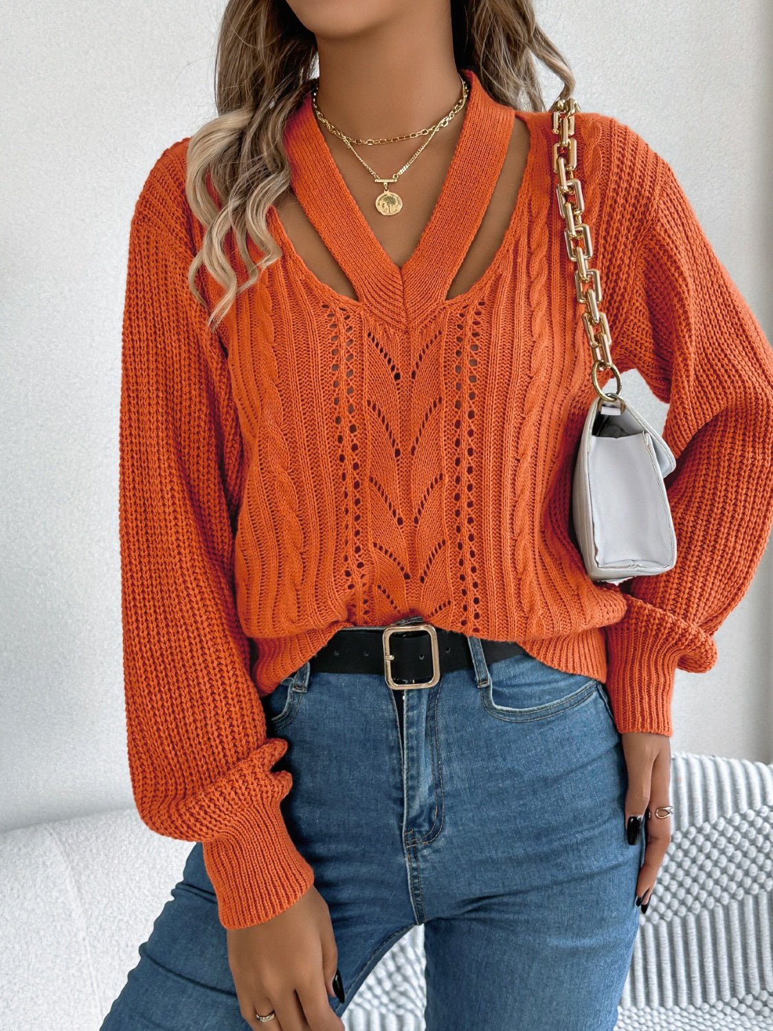 Cutout V-Neck Long Sleeve Sweater - Body By J'ne