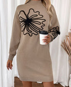 Perfee Flower Mock Neck Long Sleeve Sweater Dress