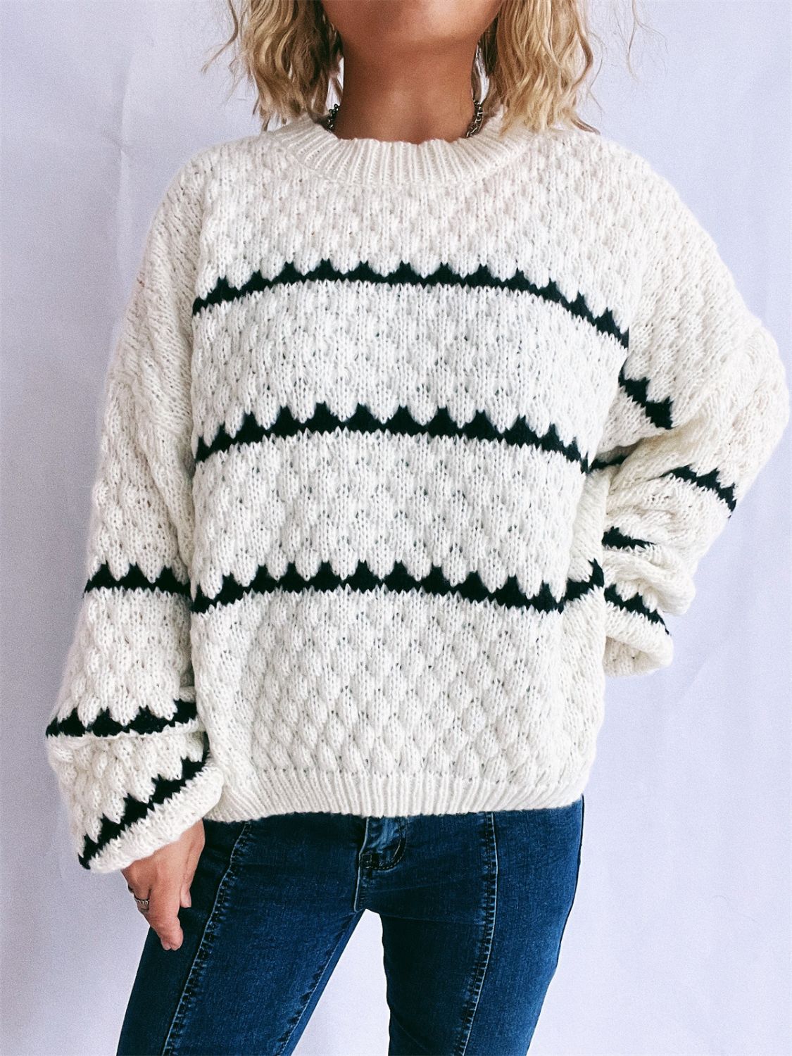 Contrast Stripes Round Neck Long Sleeve Sweater - Body By J'ne