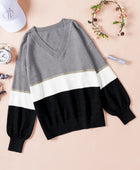 Color Block V Neck Long Sleeve Sweater