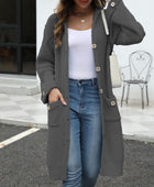 Pocketed Button Up Long Sleeve Hooded Cardigan