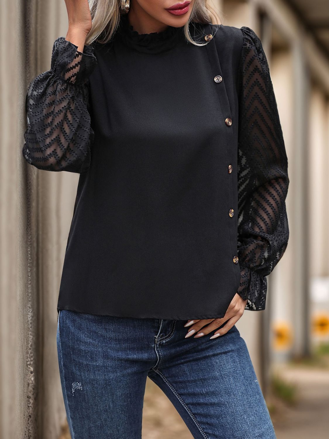 Perfee Mock Neck Flounce Sleeve Blouse - Body By J'ne