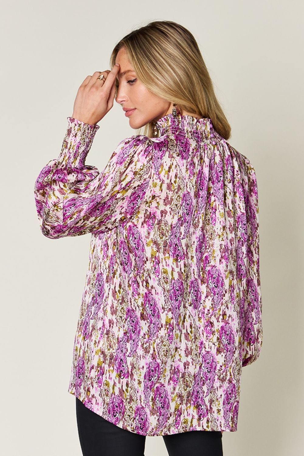 Full Size Printed Smocked Long Sleeve Blouse - Body By J'ne