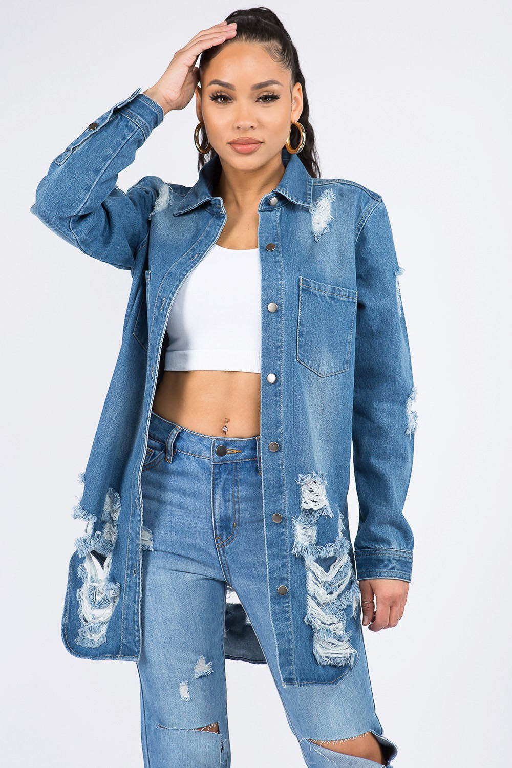 Distressed Button Down Denim Shirt Jacket - Body By J'ne