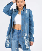 Distressed Button Down Denim Shirt Jacket - Body By J'ne