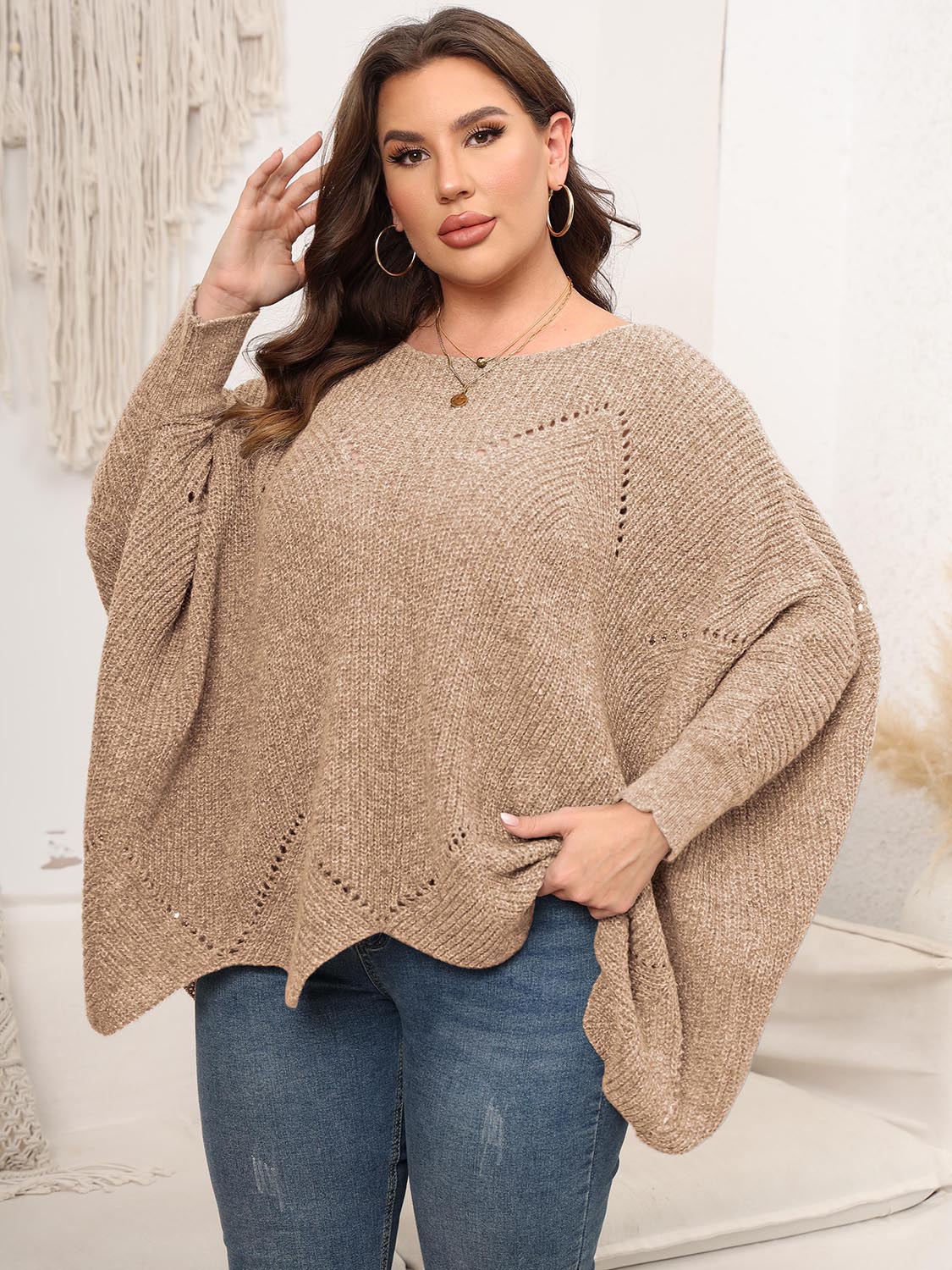 Plus Size Round Neck Batwing Sleeve Sweater - Body By J'ne