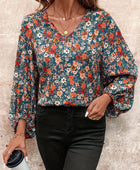 Printed V-Neck Balloon Sleeve Blouse