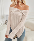 Ribbed Asymmetrical Hem Off-Shoulder Long Sleeve T-Shirt