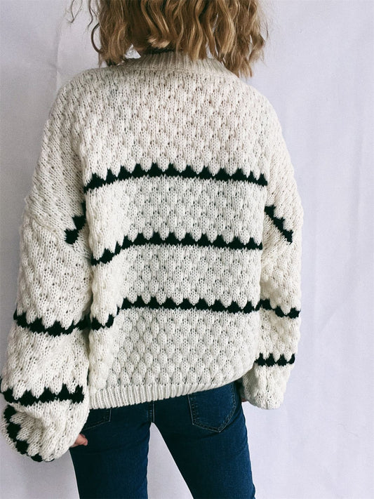 Contrast Stripes Round Neck Long Sleeve Sweater - Body By J'ne